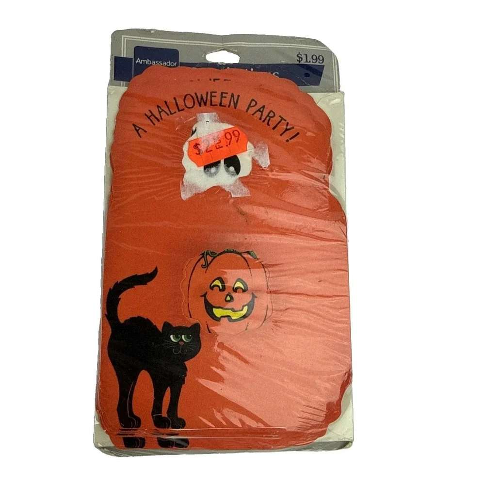8 Vintage Hallmark Halloween Party Invitations Cards Die Cut Cat Ghost Pumpkin